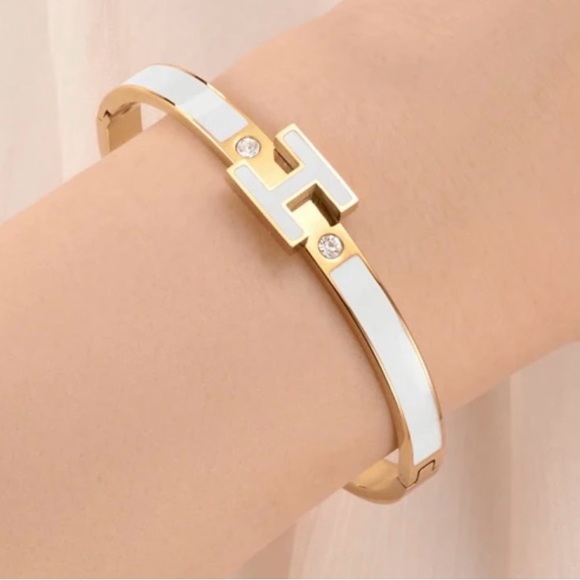 Letter H Bangle/Bracelet 18K Gold Plated/White Enamel Inlay/Stainless Steel - Picture 1 of 5